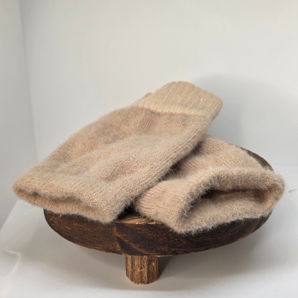 Khaki Fuzzy Fingerless Mittens Soft Knit Cozy Winter Gloves Cottagecore